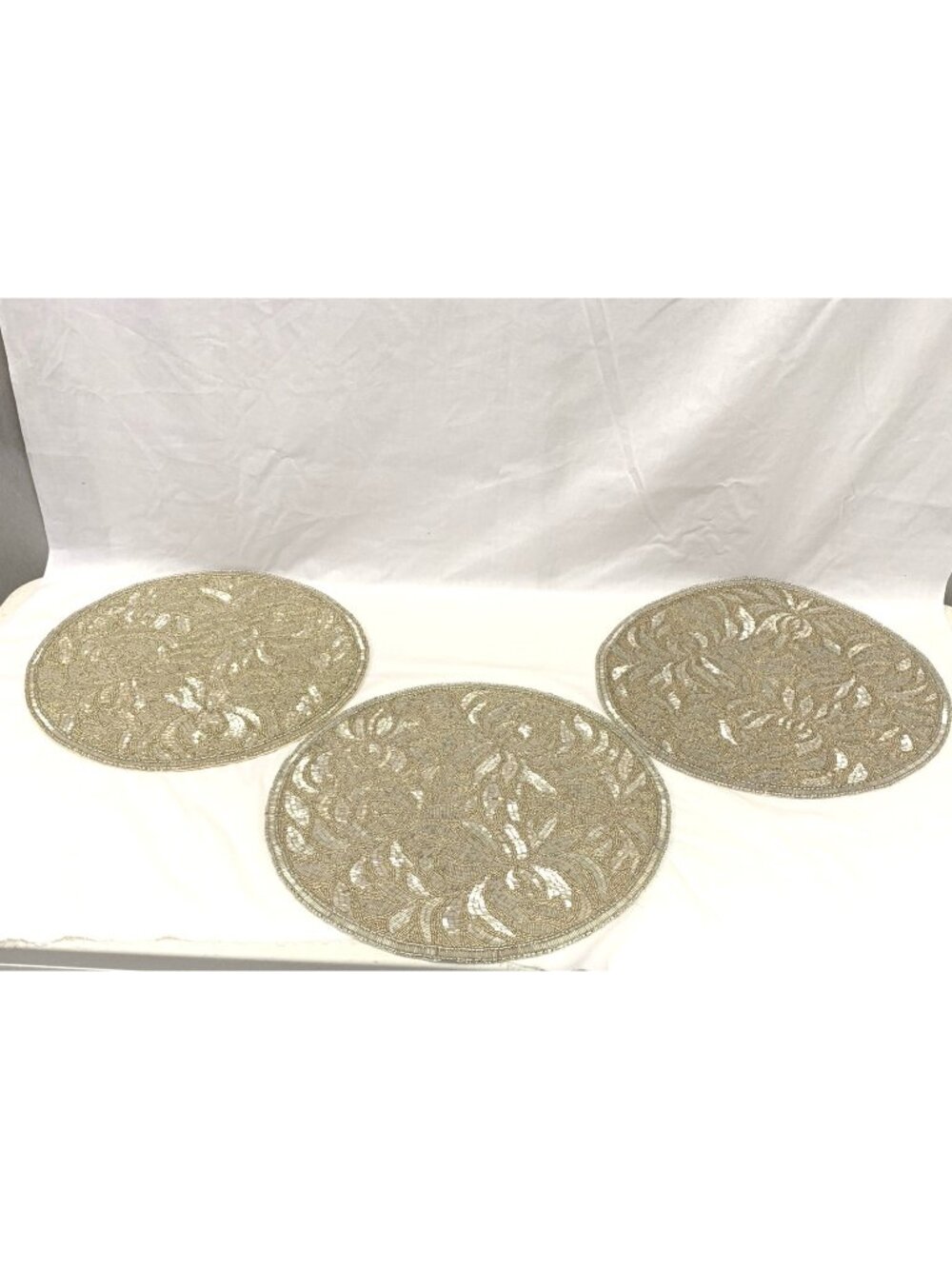Vintage Set 3 Kim Seybert 15" Glass Beads Charger Placemats Silver India Large
